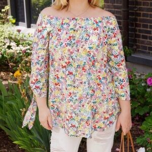 H&M Colorful Floral Off the Shoulder Blouse Top Women’s Size 4 Tie Sleeve Summer